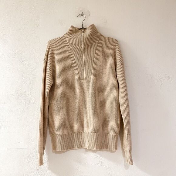 Theory Half Zip Ribbed Soft Cashmere Pullover in Beige Size 0 - Picture 1 of 8